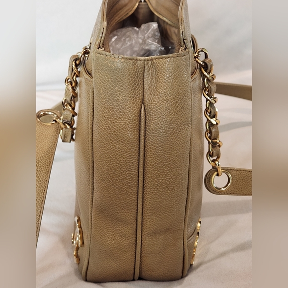 Chanel Caviar Leather Tripple CC Tote Bag Purse Beige 24K Vintage Coco Mark Gold - Picture 15 of 16